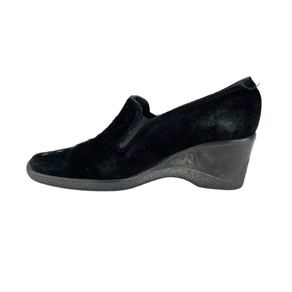 Vintage Aquatalia Marvin K Wedge Black Suede Slip On Shoes Whipstitch Accent s8 - Picture 8 of 9